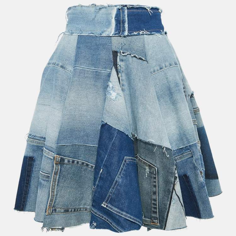 Pre Owned Dolce & Gabbana Blue Denim Patch Work Flared Short Skirt XS