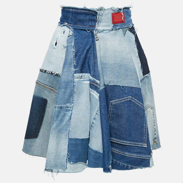 Pre Owned Dolce & Gabbana Blue Denim Patch Work Flared Short Skirt XS