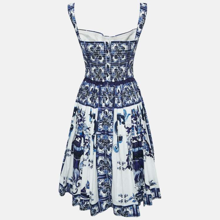 Pre Owned Dolce & Gabbana Blue/White Majolica Print Cotton Pleated Short Dress XS