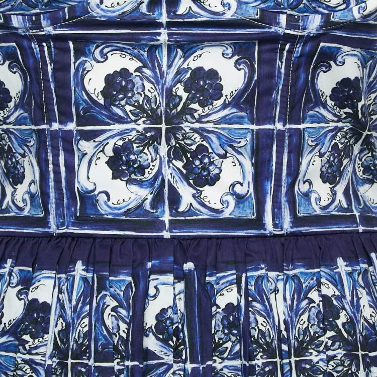 Pre Owned Dolce & Gabbana Blue/White Majolica Print Cotton Pleated Short Dress XS
