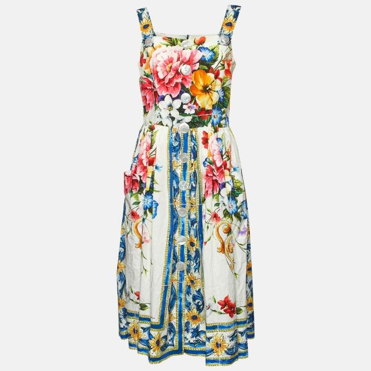 Pre Owned Dolce & Gabbana Multicolor Floral Print Cotton Pleated Midi Dress L