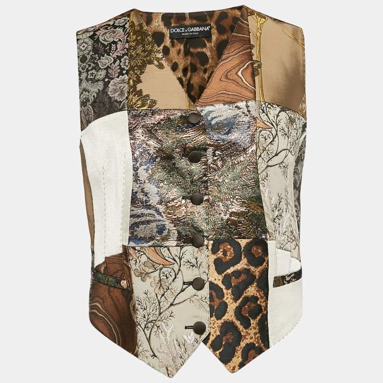Pre Owned Dolce & Gabbana Brown Printed satin and Jacquard Patchwork Waist Coat M