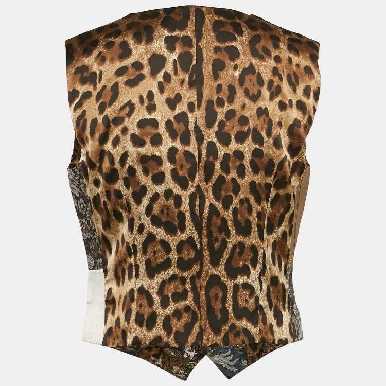 Pre Owned Dolce & Gabbana Brown Printed satin and Jacquard Patchwork Waist Coat M