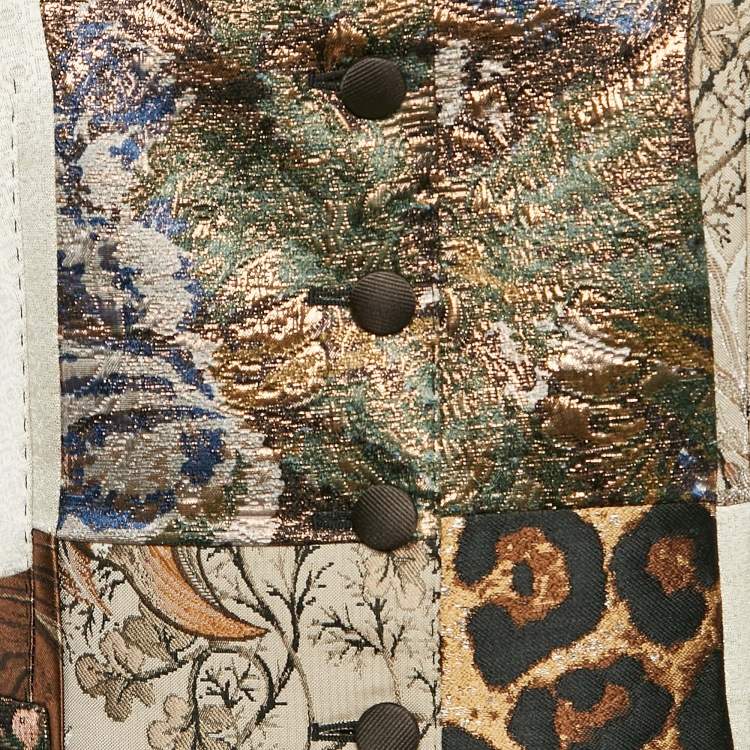 Pre Owned Dolce & Gabbana Brown Printed satin and Jacquard Patchwork Waist Coat M
