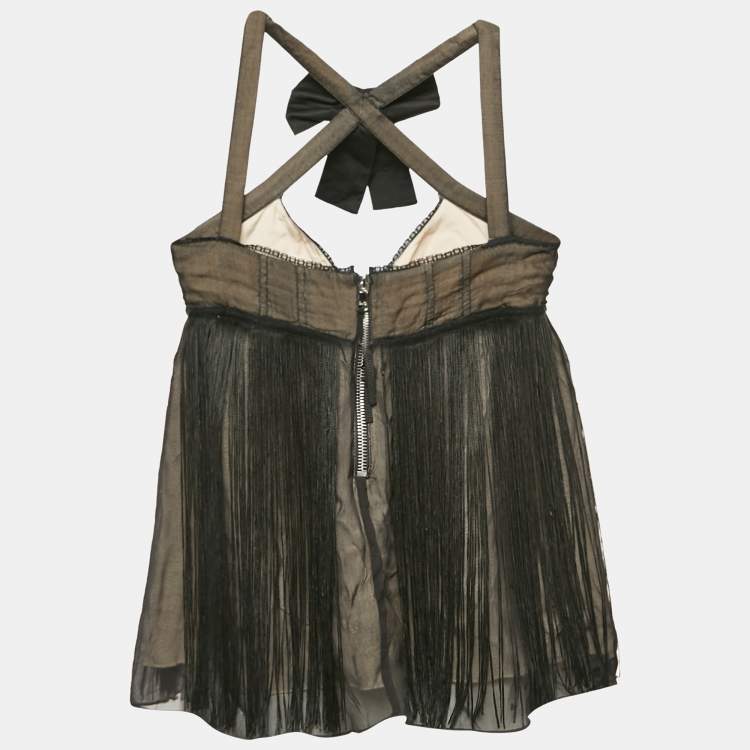 Pre Owned Dolce & Gabbana Black Tasseled Silk Bow Detail Top S