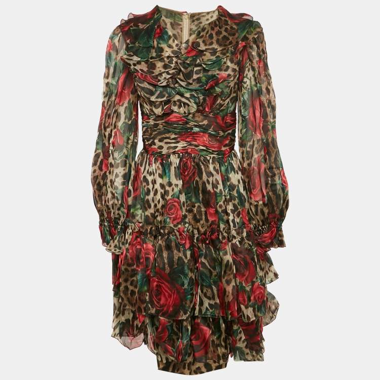 Pre Owned Dolce & Gabbana Brown Rose & Leopard Print Organza Tiered Short Dress M