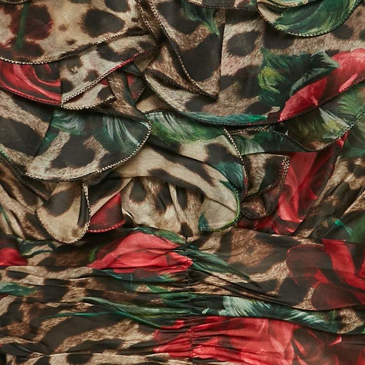 Pre Owned Dolce & Gabbana Brown Rose & Leopard Print Organza Tiered Short Dress M