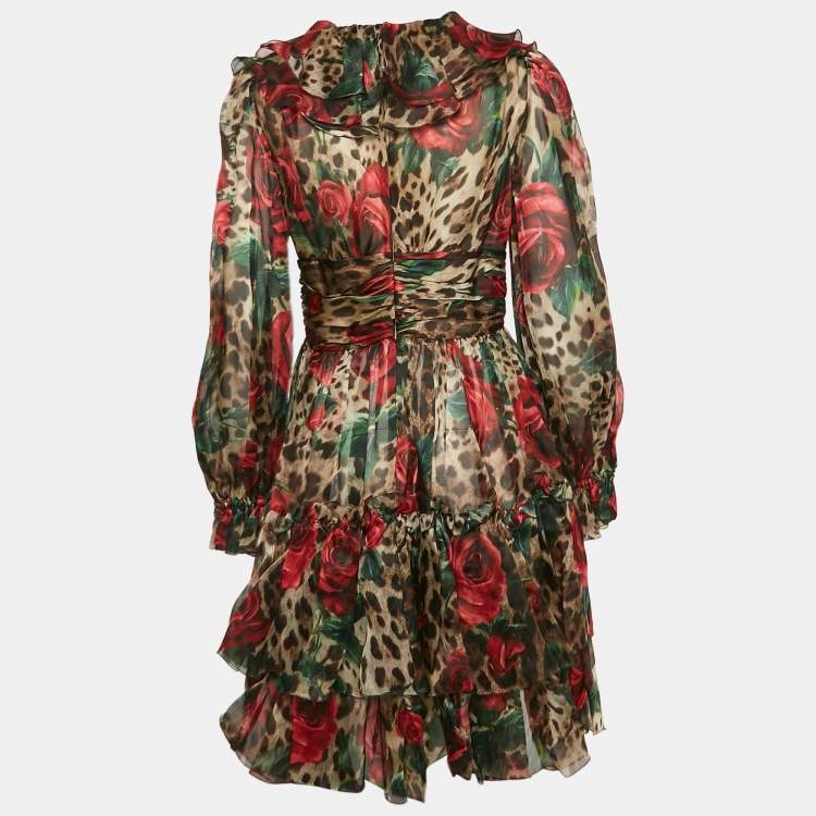 Pre Owned Dolce & Gabbana Brown Rose & Leopard Print Organza Tiered Short Dress M