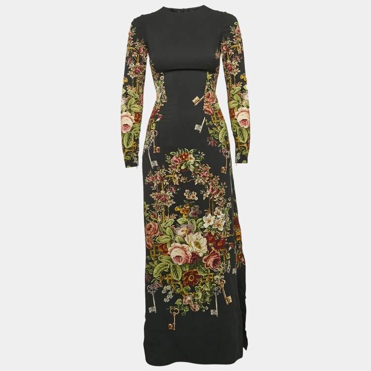 Pre Owned Dolce & Gabbana Black Floral Print Crepe Long Sleeve Maxi Dress XS