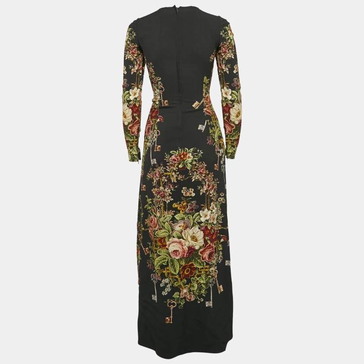 Pre Owned Dolce & Gabbana Black Floral Print Crepe Long Sleeve Maxi Dress XS