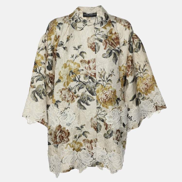 Pre Owned Dolce & Gabbana Light Cream Floral Printed Silk Jacquard Button Front Jacket S