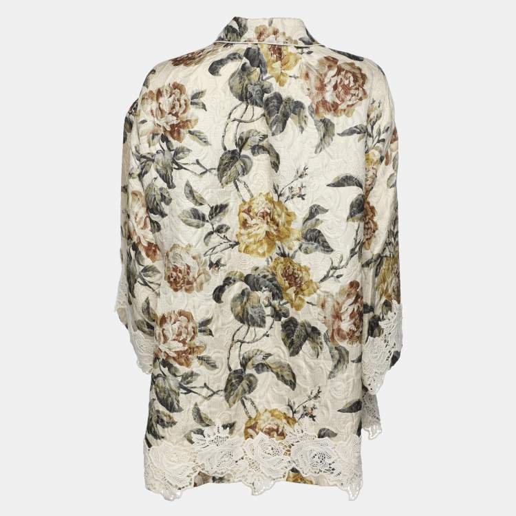 Pre Owned Dolce & Gabbana Light Cream Floral Printed Silk Jacquard Button Front Jacket S