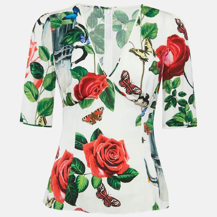 Pre Owned Dolce & Gabbana White Printed Silk V-Neck Top S