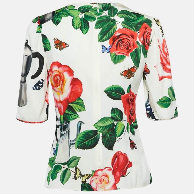 Pre Owned Dolce & Gabbana White Printed Silk V-Neck Top S