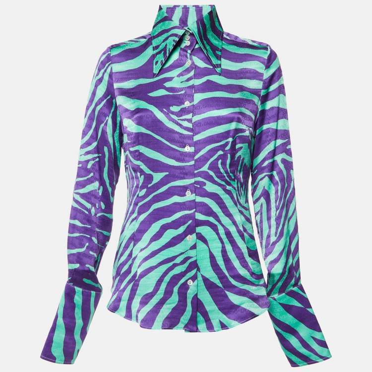 مملوكة مسبقًا Dolce & Gabbana Green/Purple Tiger Print Logo Jacquard Silk Shirt L