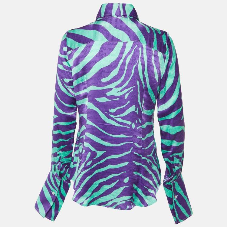 مملوكة مسبقًا Dolce & Gabbana Green/Purple Tiger Print Logo Jacquard Silk Shirt L