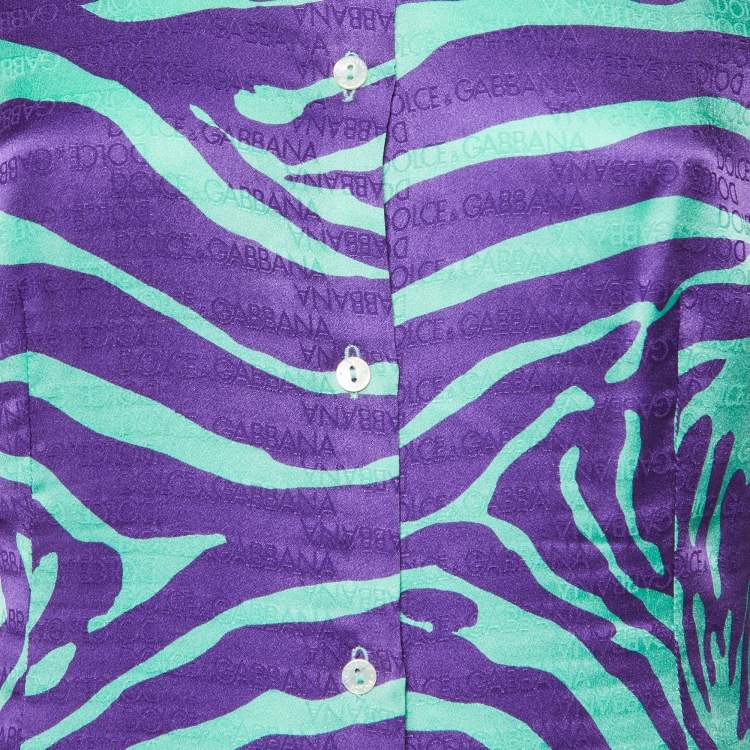 مملوكة مسبقًا Dolce & Gabbana Green/Purple Tiger Print Logo Jacquard Silk Shirt L