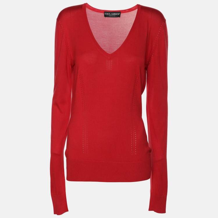 Pre Owned Dolce & Gabbana Red Silk Knit V Neck Full Sleeve Top M