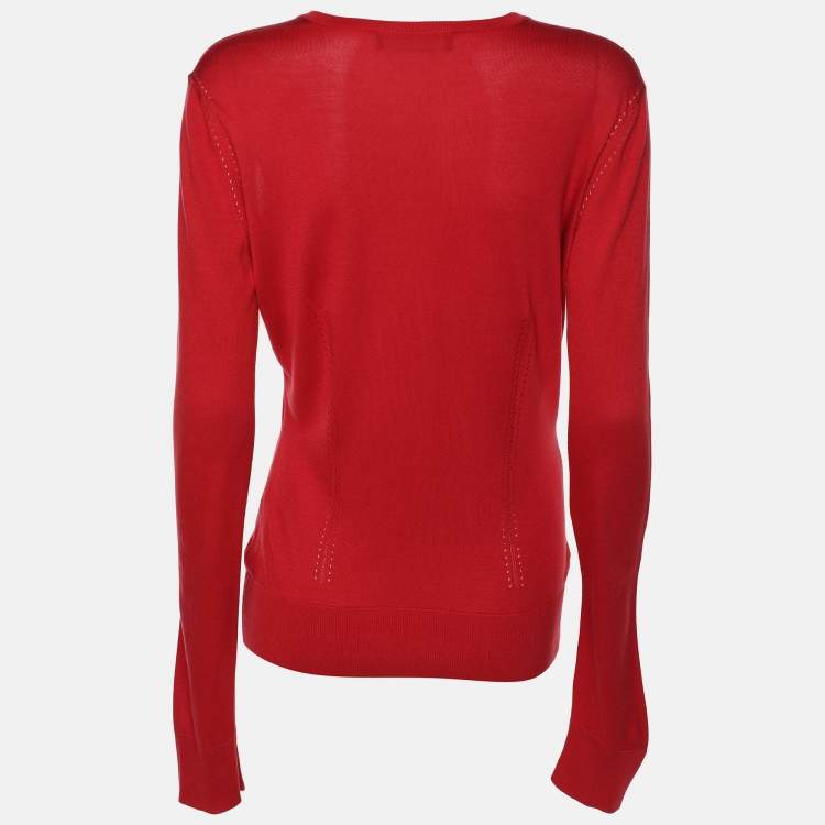Pre Owned Dolce & Gabbana Red Silk Knit V Neck Full Sleeve Top M