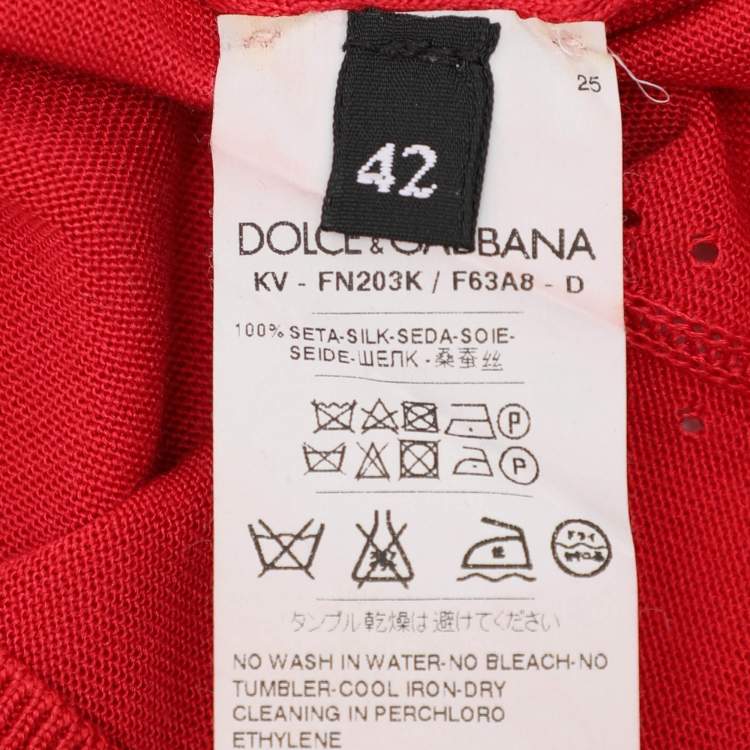 Pre Owned Dolce & Gabbana Red Silk Knit V Neck Full Sleeve Top M