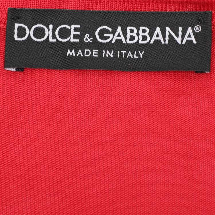 Pre Owned Dolce & Gabbana Red Silk Knit V Neck Full Sleeve Top M