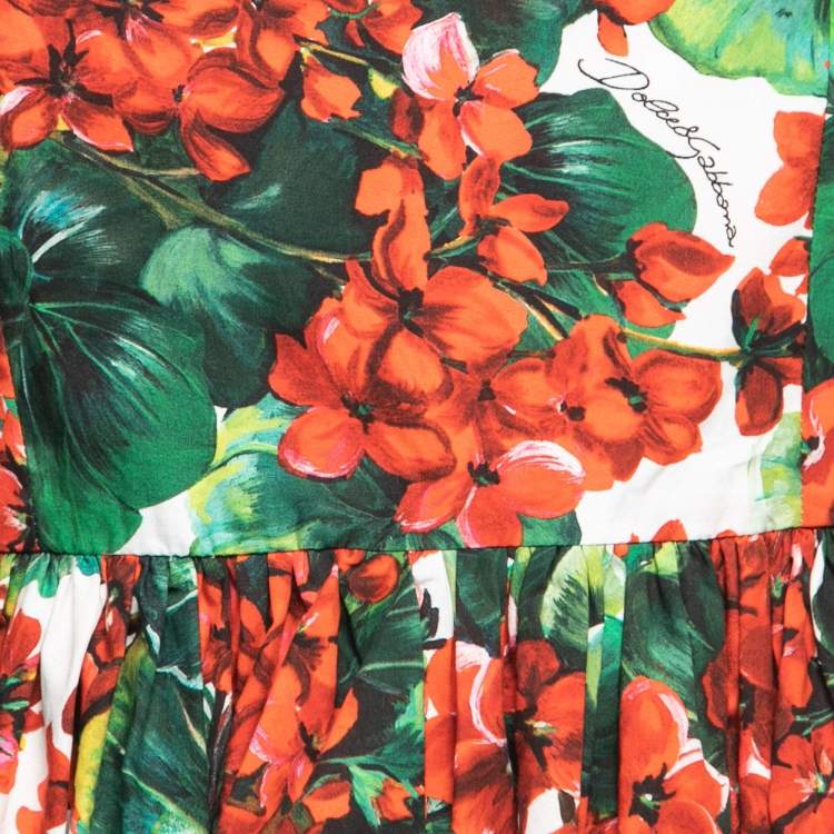 Pre Owned Dolce & Gabbana Red Floral Print Poplin Lace Inserts Short Dress L