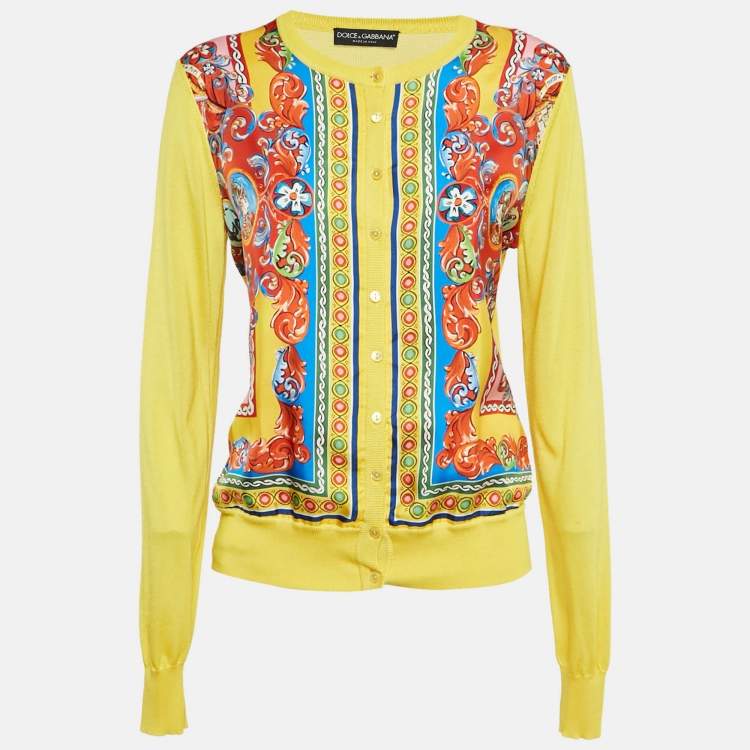 Pre Owned Dolce & Gabbana Yellow Caretto Print Silk Cardigan M