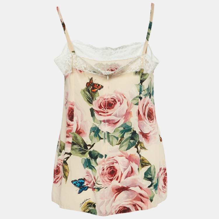 Pre Owned Dolce & Gabbana Pink Floral Print Silk and Lace Trim Cami Top L