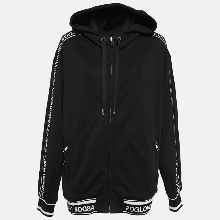 Pre Owned Dolce & Gabbana Black Logo Band Jersey Zip-Up Hooded Sweatshirt S