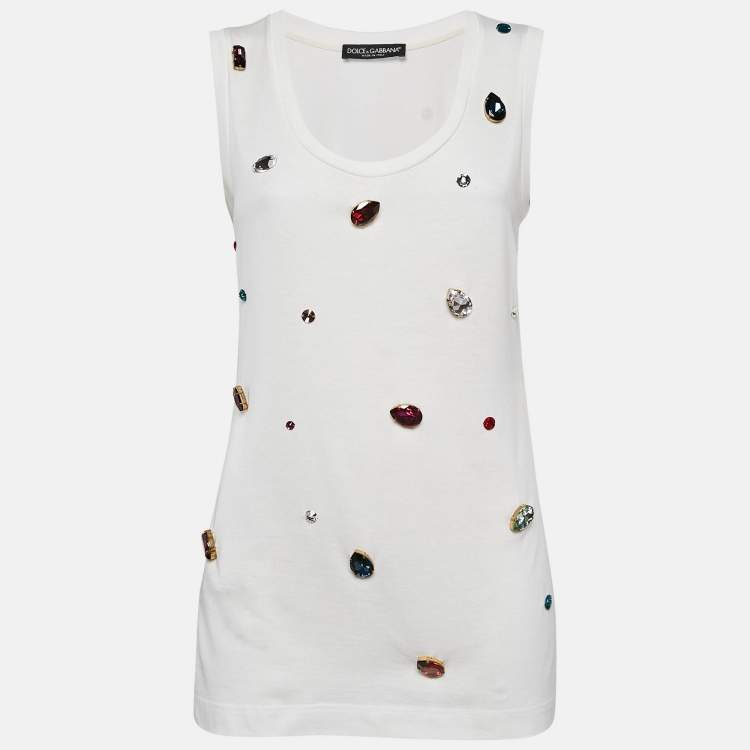 Pre Owned Dolce & Gabbana White Crystal Embellished Jersey Tank Top S