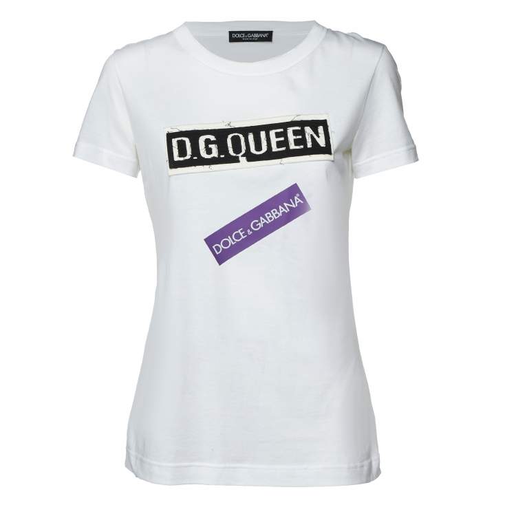 Pre Owned Dolce & Gabbana White Logo Print Cotton Patchwork Detail T-Shirt S