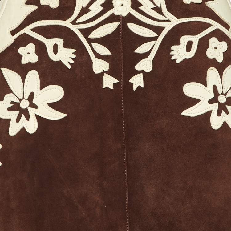 Pre Owned Dolce & Gabbana Brown Floral Applique Suede Midi Skirt M