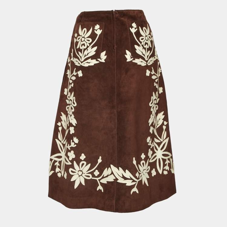 Pre Owned Dolce & Gabbana Brown Floral Applique Suede Midi Skirt M