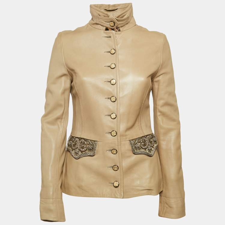 Pre Owned Dolce & Gabbana Beige Embellished Leather Button Detail Jacket M