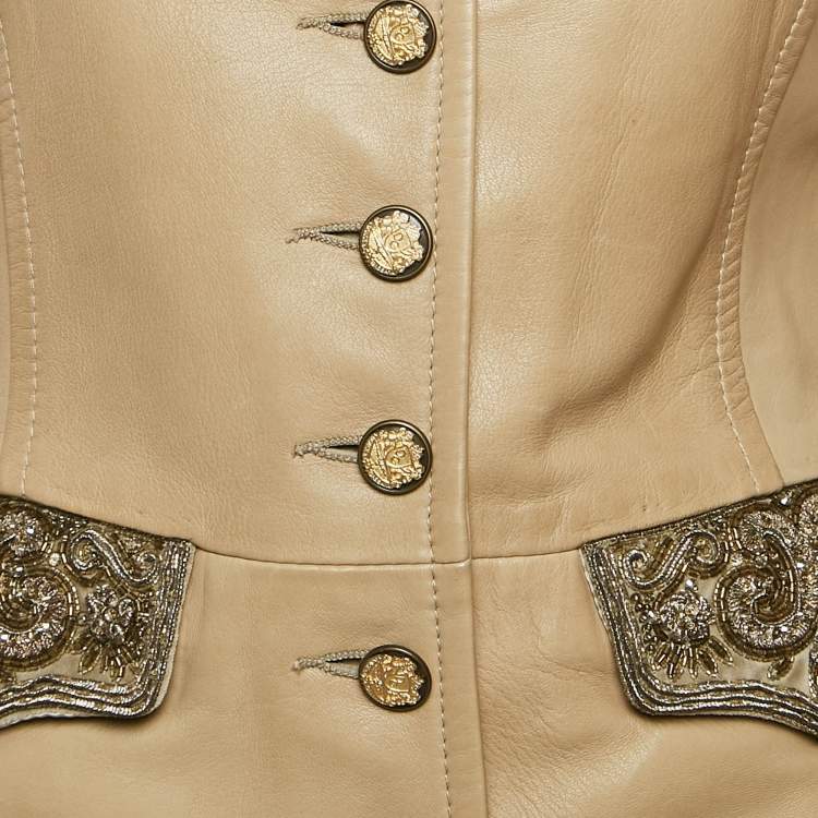 Pre Owned Dolce & Gabbana Beige Embellished Leather Button Detail Jacket M