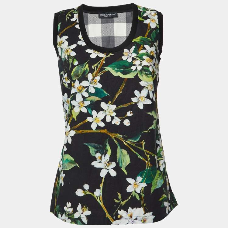 Pre Owned Dolce & Gabbana Black Floral and Checked Print Cotton Sleeveless Top S