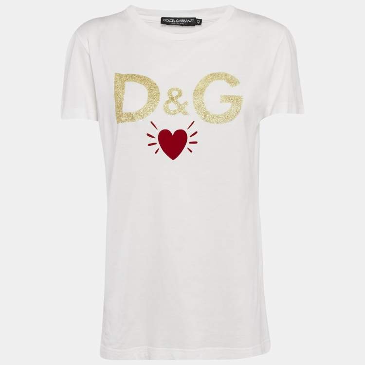 Pre Owned Dolce & Gabbana White Logo Heart Glitter Print Jersey T-Shirt M