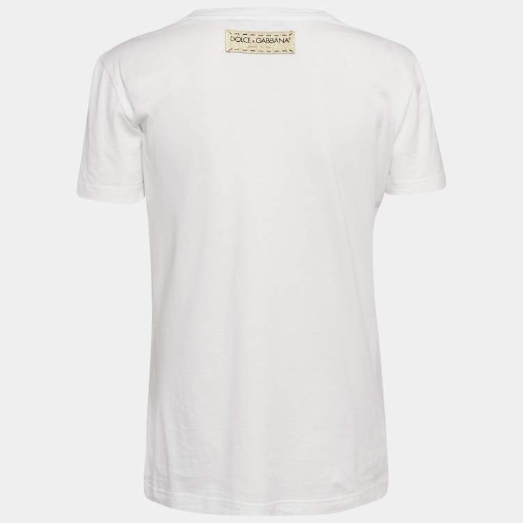 Pre Owned Dolce & Gabbana White Logo Heart Glitter Print Jersey T-Shirt M