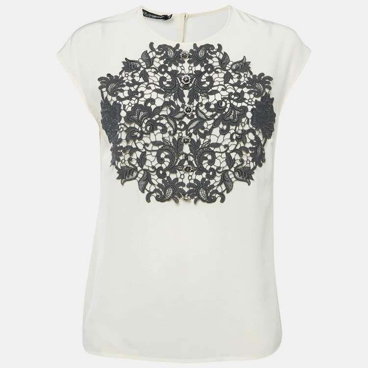 Pre Owned Dolce & Gabbana Cream Lace Trim Silk Sleeveless Blouse M