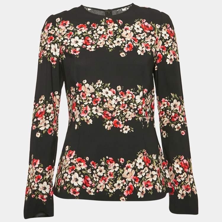 Pre Owned Dolce & Gabbana Black Floral Print Crepe Long Sleeve Blouse M