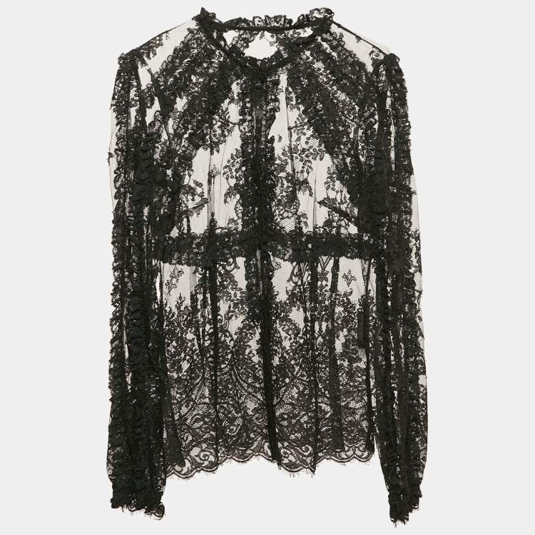 Pre Owned Dolce & Gabbana Black Floral Lace Ruffled Blouse M