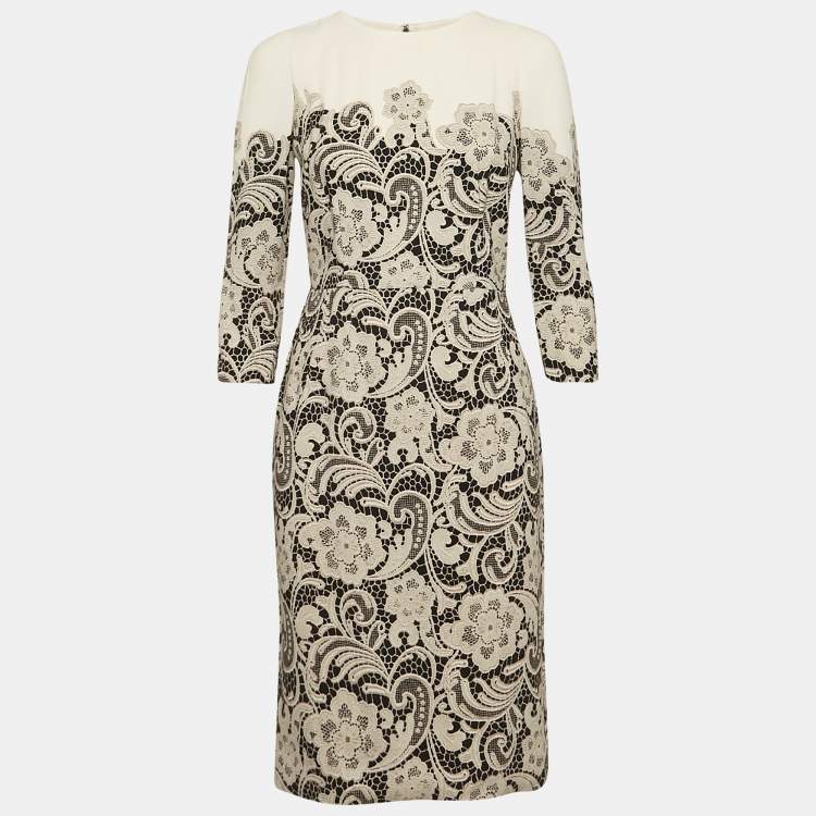 مملوكة مسبقًا Dolce & Gabbana Light Beige Lace Print Crepe Short Dress S
