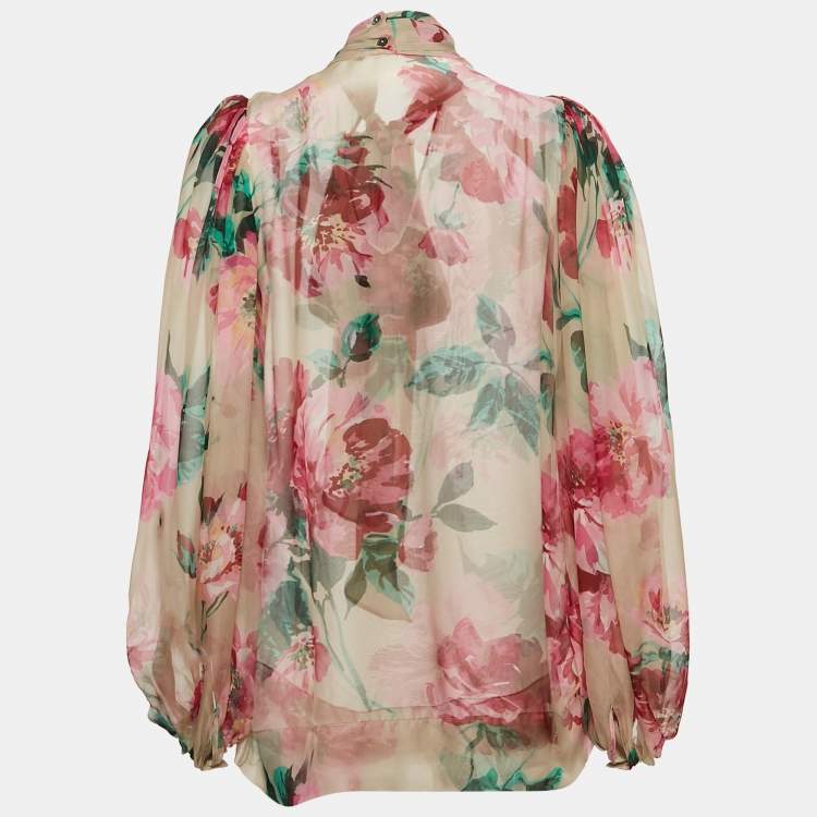 Pre Owned Dolce & Gabbana Pink Floral Print Silk Sheer Blouse S