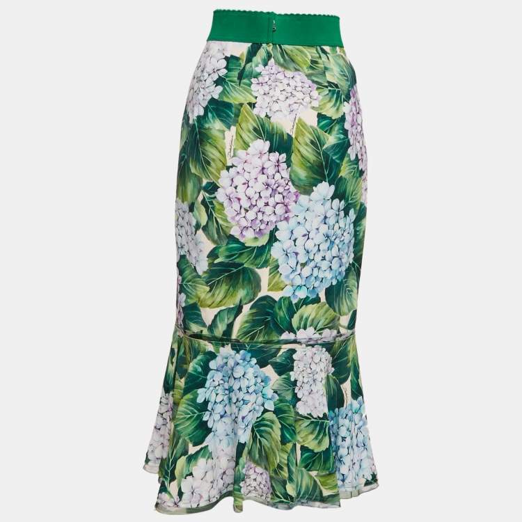 Pre Owned Dolce & Gabbana Green Hydrangea Print Silk Flounce Midi Skirt M