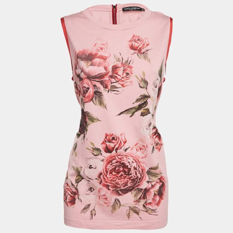 مملوكة مسبقًا Dolce & Gabbana Pink Floral Print Jersey Sequin Embellished Sleeveless T-Shirt L