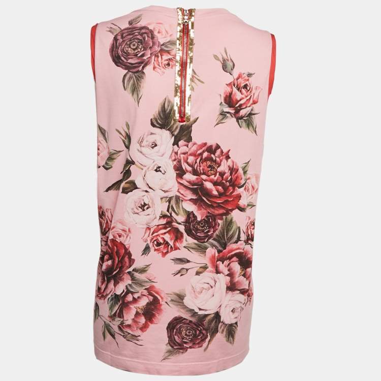 مملوكة مسبقًا Dolce & Gabbana Pink Floral Print Jersey Sequin Embellished Sleeveless T-Shirt L