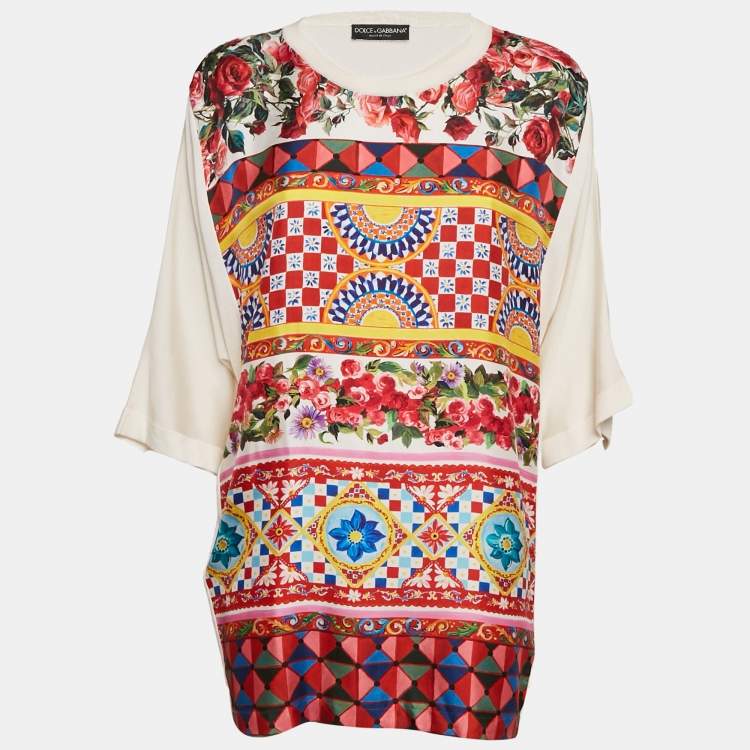 Pre Owned Dolce & Gabbana Red/ Ivory Floral Print Silk and Knit Blouse M