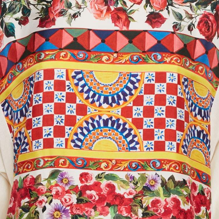 Pre Owned Dolce & Gabbana Red/ Ivory Floral Print Silk and Knit Blouse M