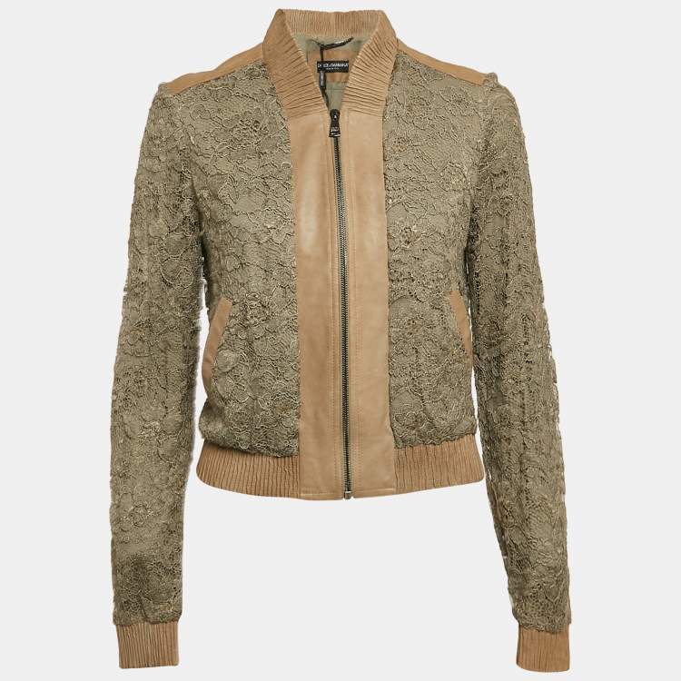 Pre Owned Dolce & Gabbana Green Leather Trim Lace Bomber Jacket S