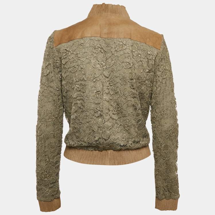 Pre Owned Dolce & Gabbana Green Leather Trim Lace Bomber Jacket S
